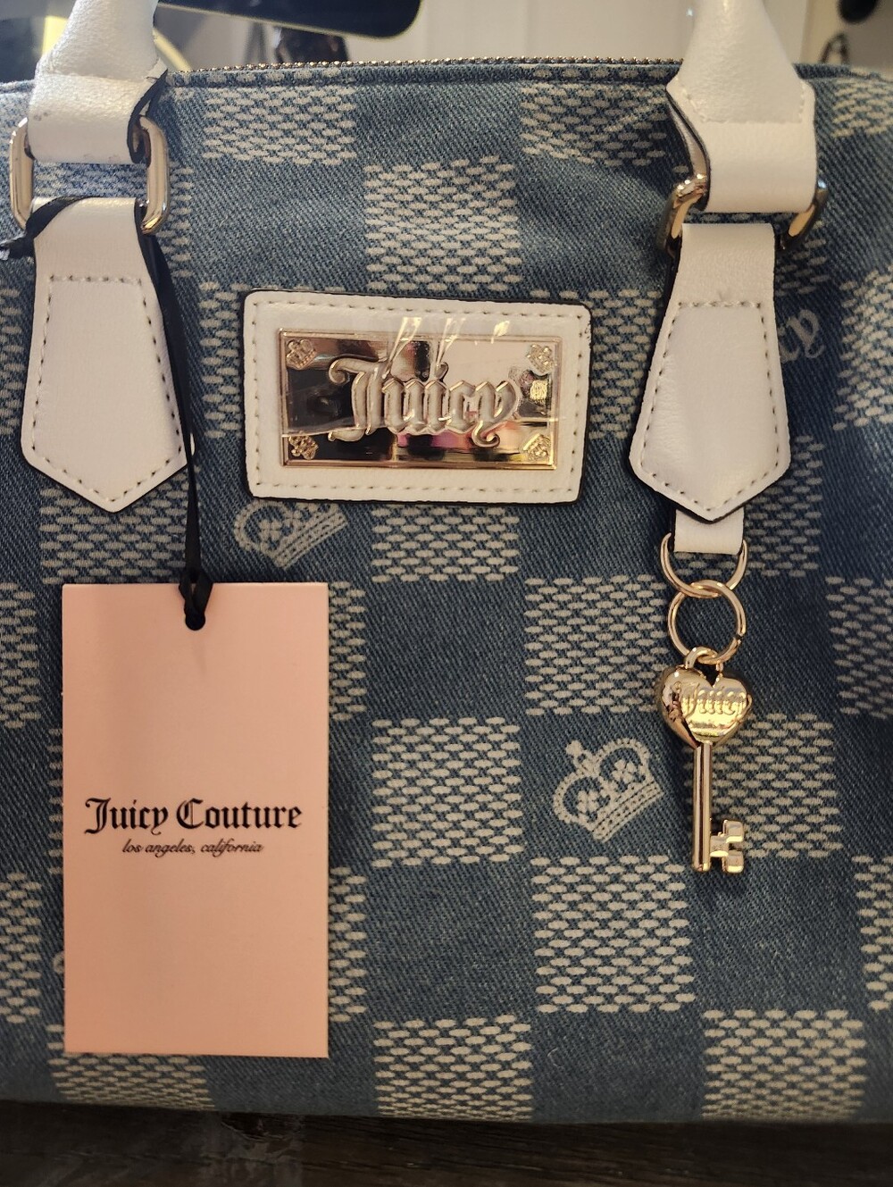 Juicy Couture Blue Check Satchel with White Trim - Picture 8 of 11